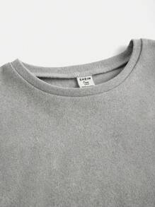 SHEIN 2 件套青少年女孩灰色简约圆领长袖抽绳侧褶 T 恤和喇叭裤舒适羊毛保暖休闲套装，秋冬