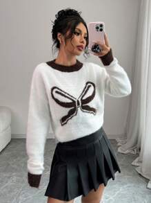 Chiquease Color Block Dropped Shoulder Bowknot Crew Neck Contrast Trim Sweater For Women Knit Pullover Fall Winter - White - View 7
