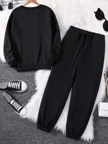 Flirla Conjunto deportivo de mujer de talla grande de sudadera de cuello redondo y pantalón de chándal con estampado de la letra Milán, de estilo casual y moda