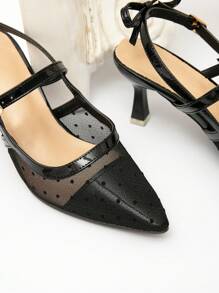 CUCCOO CHICEST 尖头细高跟鞋黑色波尔卡圆点网眼蝴蝶结露背优雅优雅女士高跟鞋 - 黑色 - 查看 9