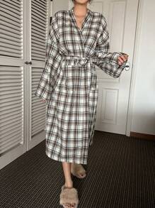 DAZY 格纹休闲落肩宽松家居服长袍 - 灰色 - 查看 5