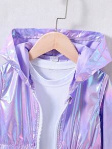SHEIN 女小童鐳射拉鏈開襟連帽外套不帶T恤 - 紫色 - 查看 4
