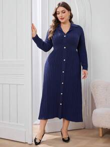 Modelyn Plus Size Solid Color Front Button Down Ribbed Knit Long Sleeve Sweater Dress