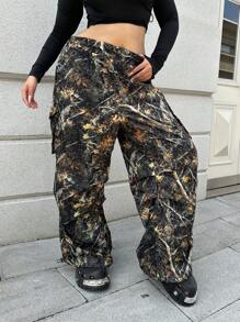 Flirla Plus Size Casual Branch Pattern Loose Wide Leg Cargo Pants With Big Pockets Fall Cloth For Women - Multicolor - View 3