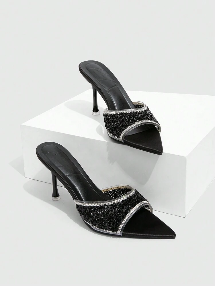 CUCCOO SZL Pointed Toe High Heel Women Shoes, Sexy For Party, Festival, Black Rhinestone Decorative Ladies High Heel Sandals, Christmas, New Year