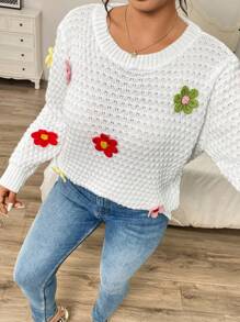 Calvaya 大码圆领长袖碎花装饰简约休闲套头毛衣针织衫秋冬款 - 白色 - 查看 4