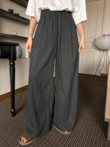 DAZY Women Casual Plain Tie Front Pocket Loose Fit Lounge Bottoms Pajama - Dark Grey - View 4