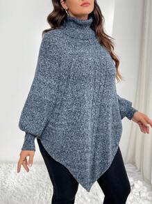 SHEIN LUNE 大码女式高领蝙蝠袖长袖纽扣设计宽松休闲毛衣套头衫，秋冬