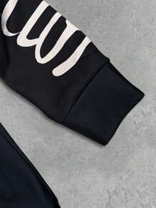 Manfinity Campus Court Aesthetic Post--Men's Letter Print Hoodie And Loose Sweatpants Casual Tracksuit Set - Black - View 5