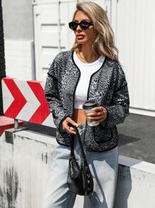 INAWLY Chaqueta casual de mujer con estampado de leopardo y manga larga, diseño minimalista para uso diario - Gris Oscuro - Ver 1