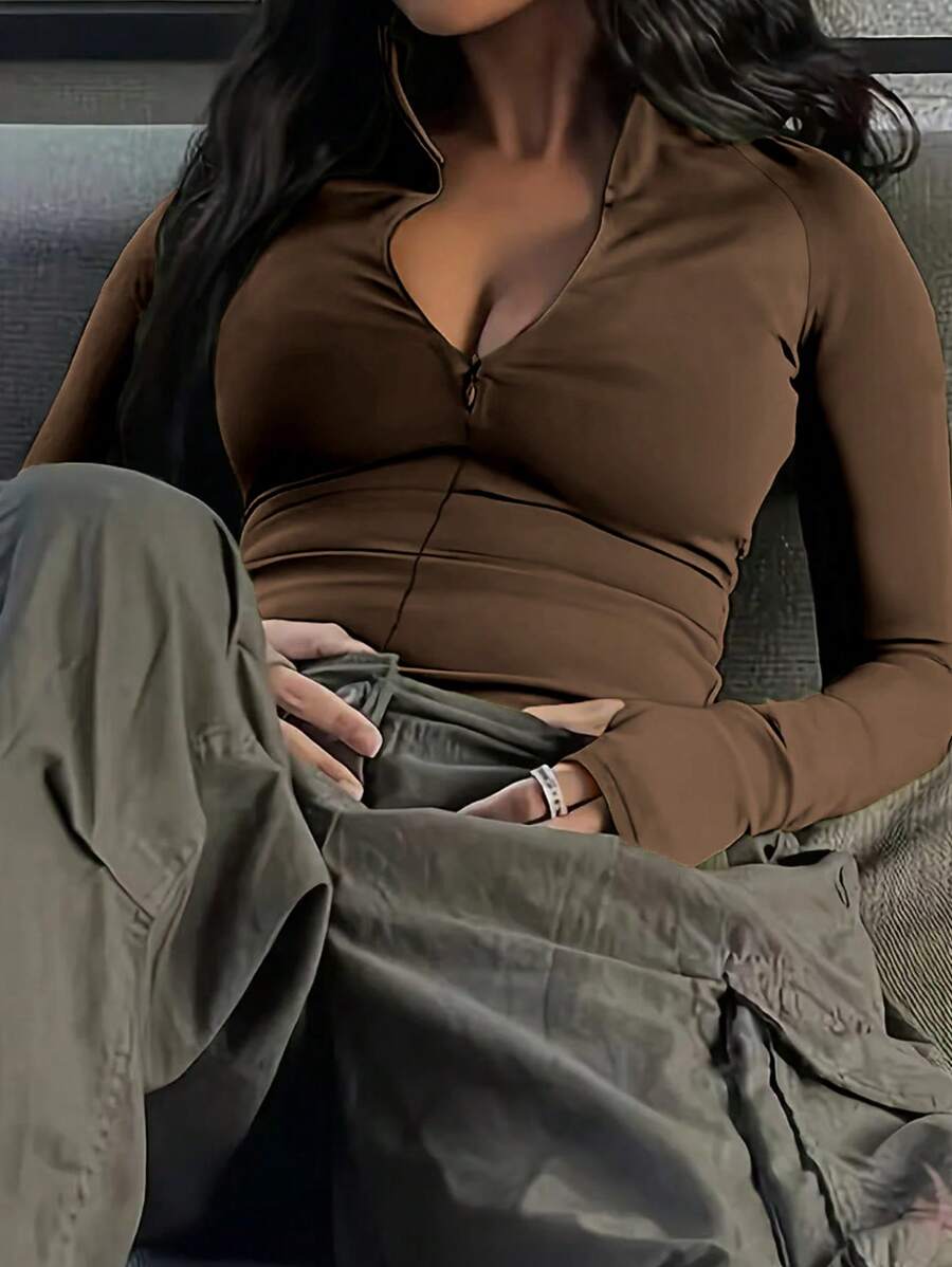 INAWLY 大码纯色拉链长袖 T 恤，休闲日常穿着