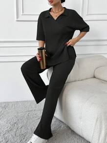 EURMUSE Cotton Two Pieces Set Polo Neck Top And Pant Set Rib Knit Fabric - Dark Grey - View 3