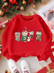 少女休闲时尚圣诞饮料图案圆领运动衫 - 黑色 - 查看 1
