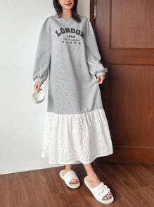 DAZY 女士字母图案装饰针织面料拼布镂空刺绣下摆家居服连衣裙睡衣 - 灰色 - 查看 5