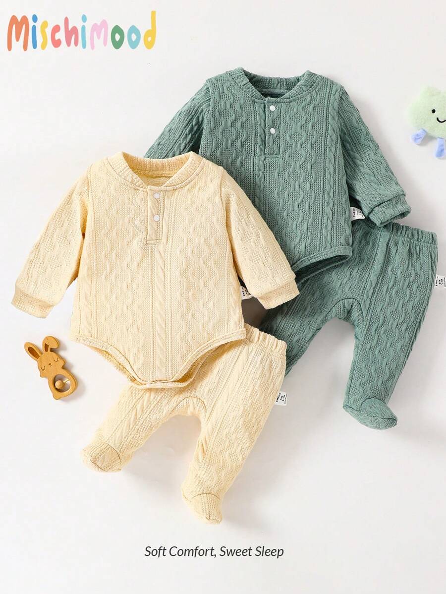 2pcs/Set Newborn Baby Apricot And Light Green Long Sleeve Romper And Footcover Pants Comfy Loungewear Sets - Multicolor - View 1