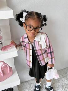 SHEIN Explorewe 2 piezas/set Camisa a cuadros y vestido de tela suave de punto para niñas bebé, estilo callejero retro casual, adecuado para otoño-invierno, actividades al aire libre, escuela - Rosa - Ver 1