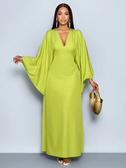 SOLERSUN Kvinnors djup V-ringad Flare Sleeve Dress Maxi Kvinnor Outfit