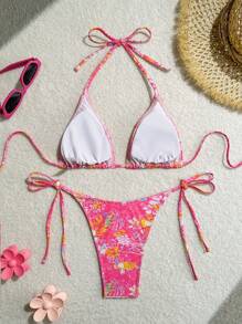 Swim SXY Damen Set mit kleinem Ditsy Blumen Neckholder Crop Top und Bikinihose mit Bindedetail für Sommer und Strand - Verschiedenfarbig - Übersicht 6