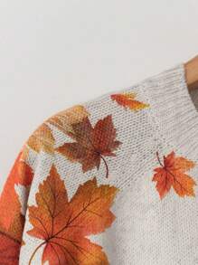 Linhara Plus Size Fall Crew Neck Long Sleeve Maple Pattern Casual Sweater, For Winter Knit Pullover - Apricot - View 4