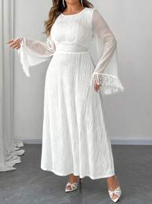 Elenzga Plus Size Crew Neck Bell Sleeve Textured Knit Cinched Waist A-Line Dress Maxi Women Outfit Fall Cloth For Women