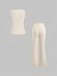 Sweetra 2 bộ trang phục thường ngày cho nữ - Bộ áo không tay cài nút phía trước và quần dài Y2K Outfit - Màu be - Xem 2