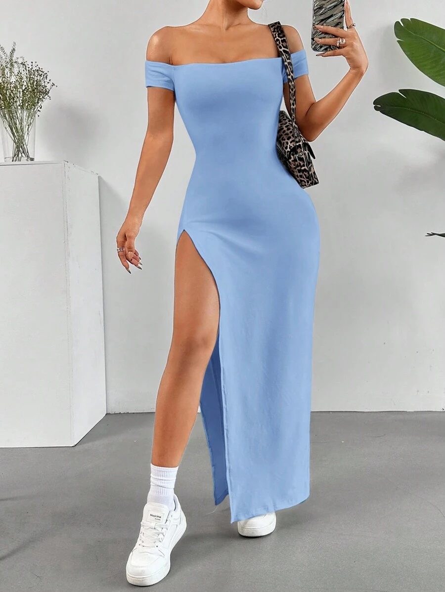 SHEIN EZwear 女式简约纯色露肩高开衩连衣裙，夏季 - 藍色 - 查看 1