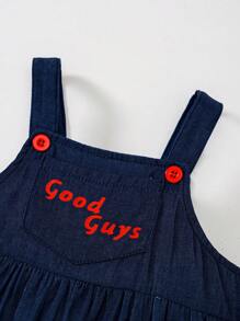 SHEIN 2 件装婴儿/幼儿女孩可爱电影角色服装，有领条纹上衣和吊带裙套装，适合秋冬季、万圣节、派对和户外玩耍 - 彩色 - 查看 5