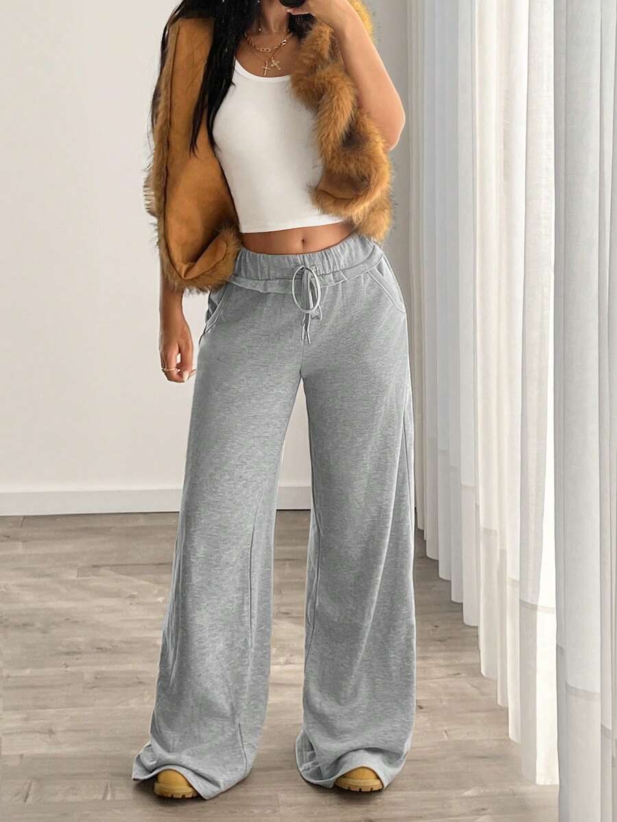 SHEIN ICON Drawstring Waist Pockets Low Rise Wide Leg Casual Sweatpants - Grey - View 1