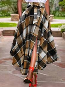 秋冬时尚格子长开叉裙 - 彩色 - 查看 4