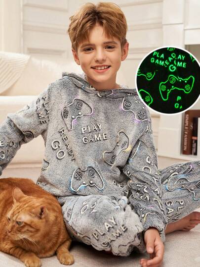 SHEIN Tween Boy Glow Gaming Controller Pattern Hoodie And Soft Plush Pajama Pants Set, Cozy And Skin-Friendly, Autumn/Winter, 2pcs/Set