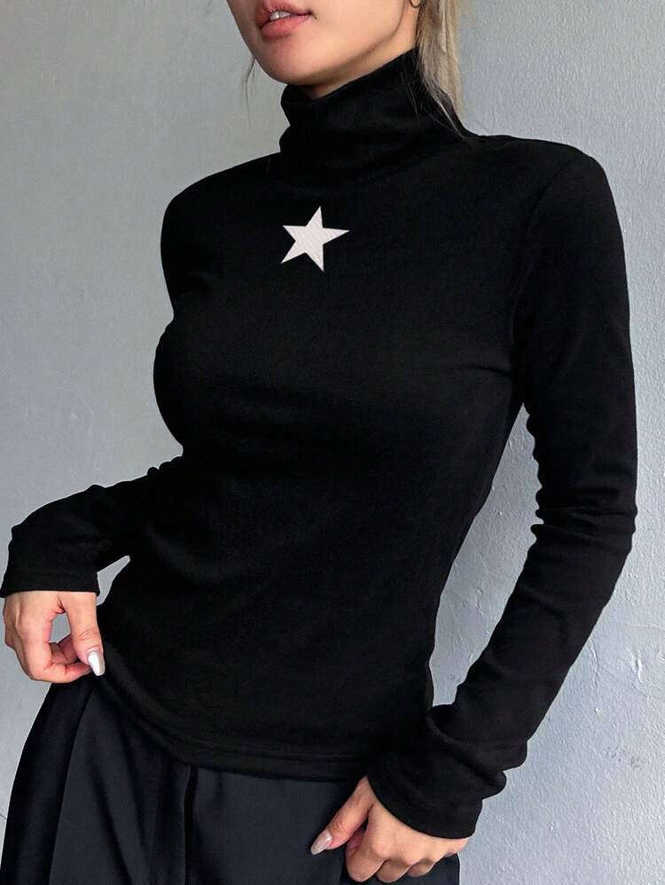 Women Turtleneck Long Sleeve Star Print Casual T-Shirt, Minimalist Design, Everyday Wear,Thermal Lined