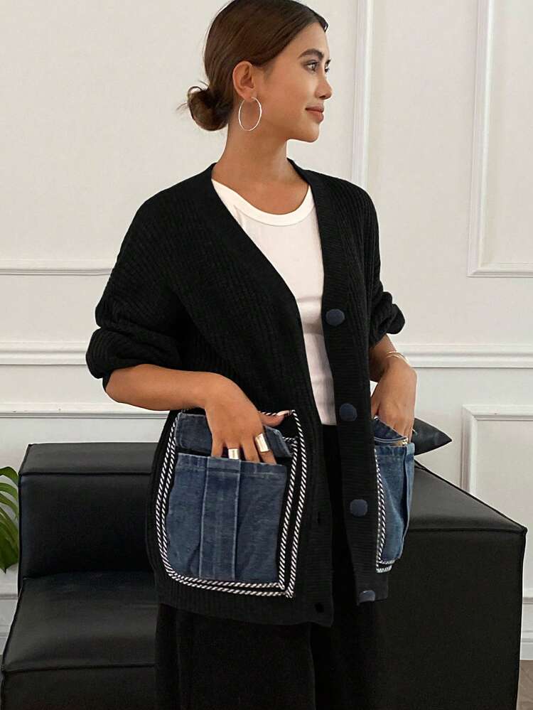 Women's Solid Color Drop Shoulder Long Sleeve Single Breasted Loose Casual Cardigan For Autumn/Winter,Long Sleeve Tops