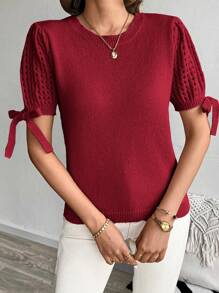 SHEIN LUNE 1pc Women Regular Hollow Out Cuff Tie Knit Sweater For New Year Clothes - Red - View 4