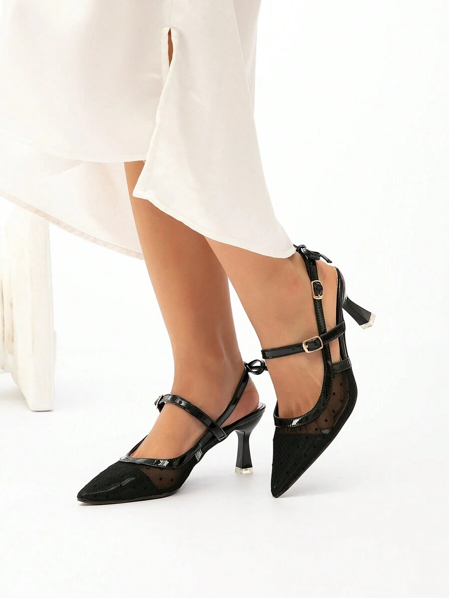 CUCCOO CHICEST 尖头细高跟鞋黑色波尔卡圆点网眼蝴蝶结露背优雅优雅女士高跟鞋 - 黑色 - 查看 1