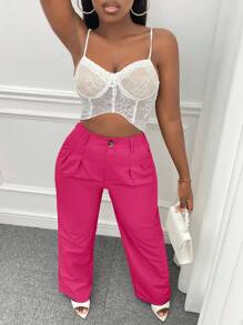 Slaydiva Pantalones rectos unicolor - Rosa Fucsia - Ver 4