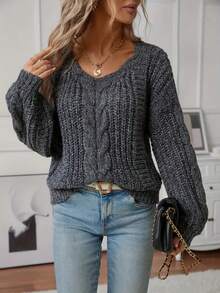 1pc Women Solid Color Twist Pattern Casual Pullover Sweater - Grey - View 3