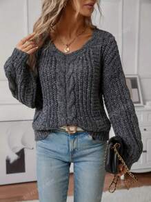 1pc Women Solid Color Twist Pattern Casual Pullover Sweater