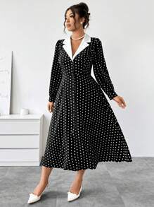 Elenzga 女式翻领圆点拼接收腰简约长裙超长款女装 - 黑與白 - 查看 5