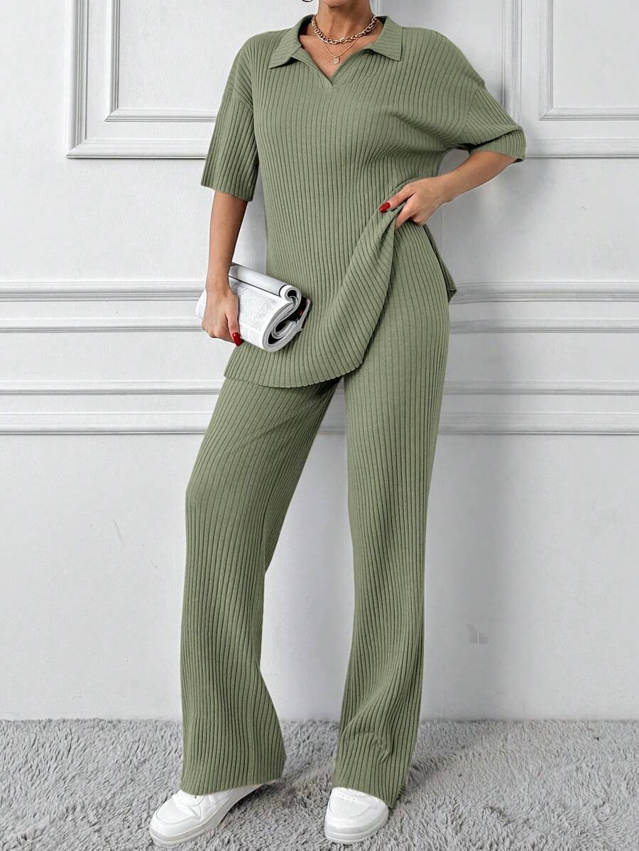 EURMUSE Zweiteiliges Set aus Poloshirt und Hose aus Baumwolle mit Rippenmuster