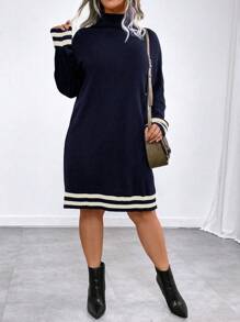 SHEIN LUNE Plus Size Women's Striped Turtleneck Long Sleeve Elegant Sweater Dress, Autumn/Winter - Multicolor - View 1