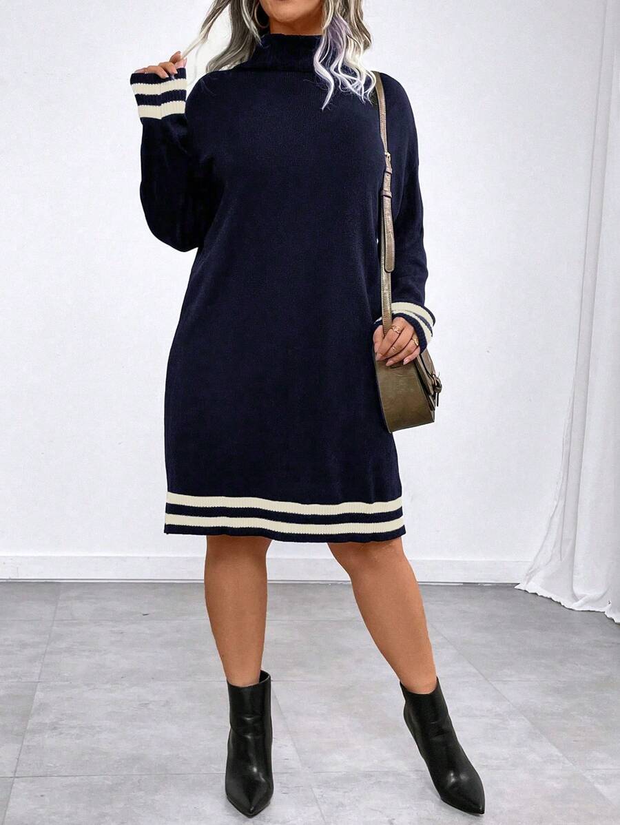 SHEIN LUNE Plus Size Women's Striped Turtleneck Long Sleeve Elegant Sweater Dress, Autumn/Winter - Multicolor - View 1