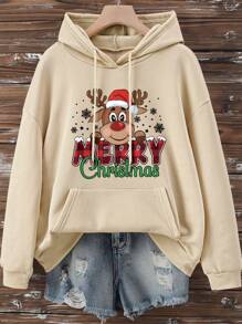 INAWLY Christmas Merry Christmas Reindeer Pattern Women Round Neck Long Sleeve Casual Hoodie Sweatshirt, Autumn/Winter