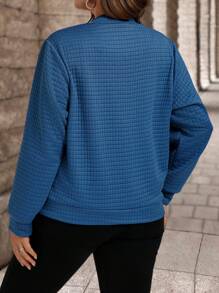 SHEIN LUNE Plus Size Women Warm Blue Plaid Pattern Casual Work Zip-Up Jacket, Autumn/Winter