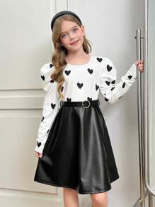 SHEIN Leap Crew فستان بنمط قلب مصنوع من الأكريليك بأكمام طويلة وياقة مستديرة، مع قطع من البولي يوريثان في الأسفل بتصميم خط A مع حزام، مناسب للارتداء اليومي، العودة إلى المدرسة، المناسبات غير الرسمية، للارتداء في فصلي الخريف والشتاء، مناسب لارتداء في عيد الميلاد