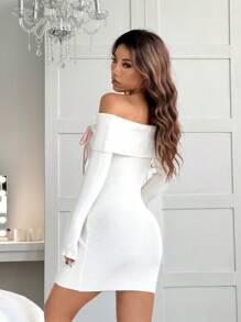 Flirla Women's Autumn/Winter Off Shoulder Bow Cute & Sexy Fitted Short Knitted Dress - White - View 2