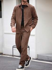 Manfinity Homme Men's Casual Plaid Long Sleeve Shirt And Pants Set, Autumn - Brown - View 5