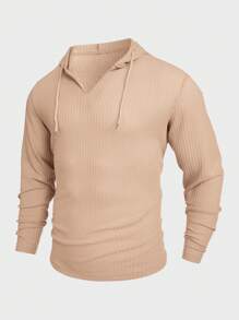 Manfinity Roughcore Moletom masculino simples com capuz de manga comprida e cor sólida, uso diário casual - Caqui - Ver 1