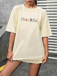 INAWLY 感恩字母印花宽松女式圆领短袖休闲 T 恤 - 杏色 - 查看 5