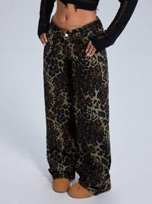 SHEIN ICON Women's Button Front Pocket Leopard Print Pants, Casual For Everyday Wear Low Rise Straight Leg Jeans - Brown - View 4