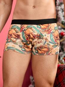 3条装男士字母和火鸡印花撞色腰带休闲平角内裤，圣诞节礼物 - 紅色 - 查看 5